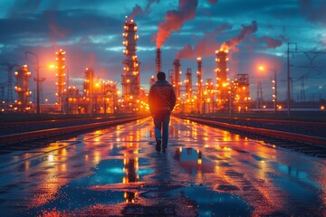Solitary man walks on railroad tracks with imposing industrial factories illuminated in the background