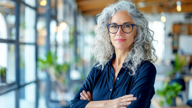 Photo of a middle-aged smiling business woman with gray curly hair wearing glasses standing in a modern office