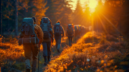 On the way to the summit: hiking group in the majestic mountains