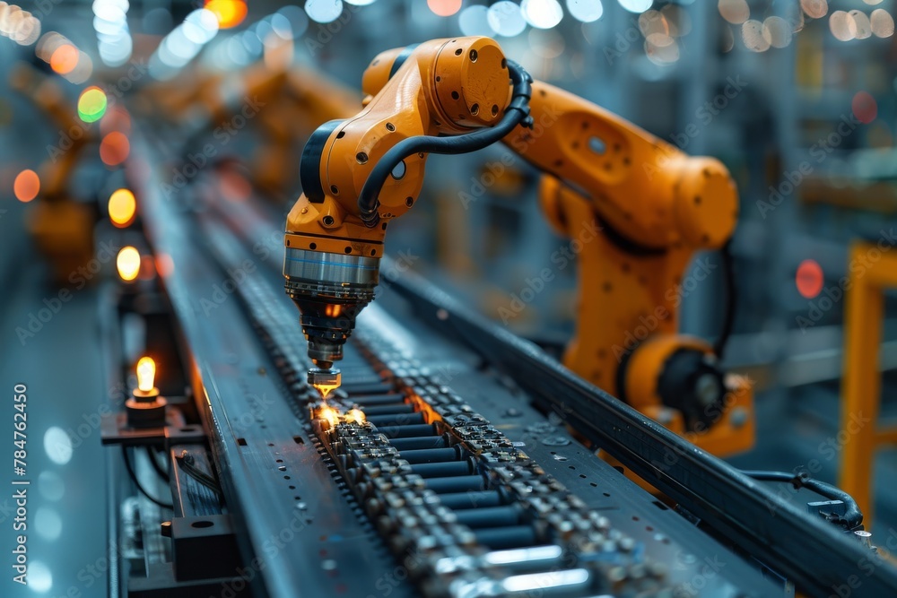 Poster advanced robotic arm causing sparks while working on a metal part in a modern manufacturing facility