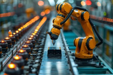 An industrial robotic arm engaged in assembly work at an electronics production line, showcasing automation