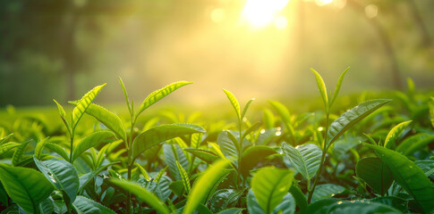 Hand touching green tea leaf in the morning sunlight on plantation background.