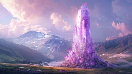 A colossal purple crystal tower rises dramatically in a fantasy landscape, soft tones, fine details, high resolution, high detail, 32K Ultra HD, copyspace