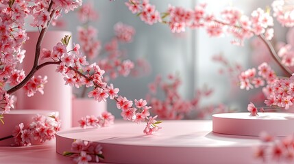 A creative product display stand adorned with blossoming cherry branches, soft tones, fine details, high resolution, high detail, 32K Ultra HD, copyspace