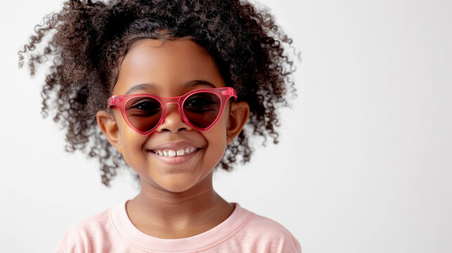 A cute little African American girl wearing heart shaped red sunglasses smiling and having fun on a clear white background