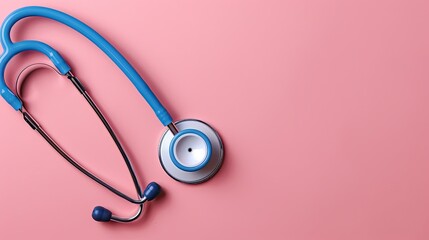 Blue stethoscope on a pink background representing healthcare, soft tones, fine details, high resolution, high detail, 32K Ultra HD, copyspace