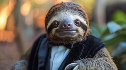 Naklejka premium Charming sloth dressed in a tuxedo posing adorably, soft tones, fine details, high resolution, high detail, 32K Ultra HD, copyspace
