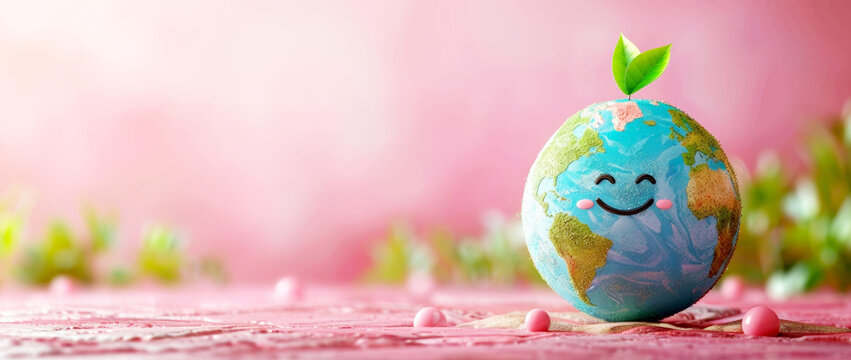 3d cute earth with smile and leaf on top, pastel color background for world environment day concept banner design, copy space area