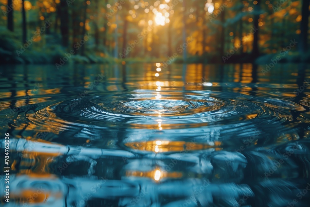 Poster an atmospheric shot capturing the gentle ripple on water surface in a serene forest setting, with li
