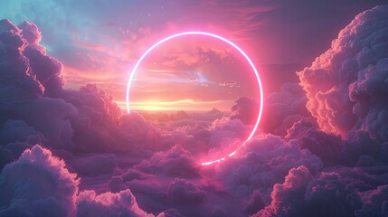 Mystical neon circle glowing amidst dreamy clouds, soft tones, fine details, high resolution, high detail, 32K Ultra HD, copyspace - obrazy, fototapety, plakaty