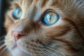 This detailed close-up showcases the mesmerizing blue eyes of a domestic ginger cat, focusing on the intricate iris patterns and fur texture