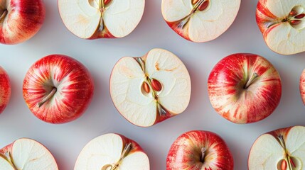 Pattern of freshly sliced red apples on a bright surface, displaying seeds and textures, soft tones, fine details, high resolution, high detail, 32K Ultra HD, copyspace