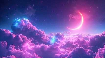 Surreal neon-lit clouds with a glowing crescent moon, soft tones, fine details, high resolution, high detail, 32K Ultra HD, copyspace