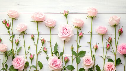 Stem pink roses lined up on a white wooden table.