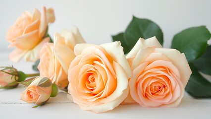 Orange roses on a white wooden table.