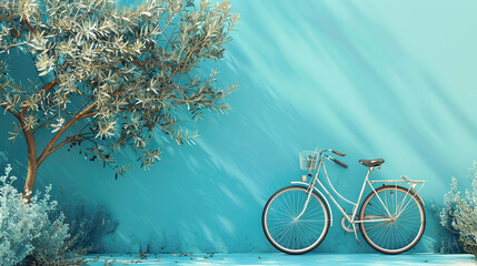World bicycle day concept International holiday june 3, bicycle with tree leaves on blue background. Environment preserve. blur nature background, banner, card, poster with text space - obrazy, fototapety, plakaty
