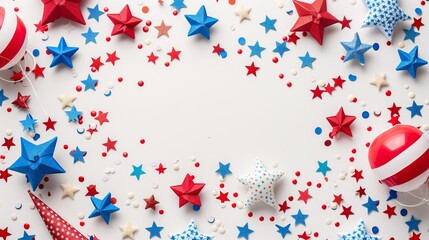 Top view Happy Independence Day concept celebration with presents and star confetti, AI generative
