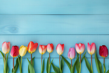 Colorful tulips brighten a blue wooden table in a natural landscape. Copy space. Generative AI