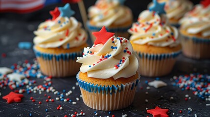 Patriotic cupcakes in style celebration American Independence day with stars frosting and sprinkles.