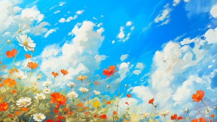 Fototapeta na wymiar Beautiful flowers with blue sky and clouds in oil canvas paint.