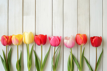 Colorful tulips arranged in a row on a white wooden table. Copy Space. Generative AI