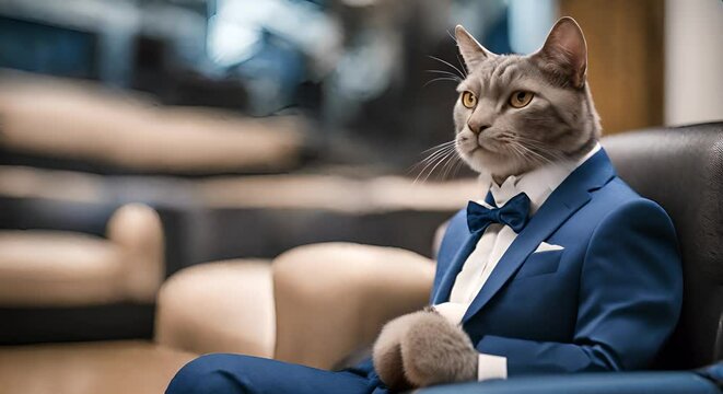 A humorous image featuring a digitally altered photo of a cat dressed in a sophisticated blue business suit sitting on a chair exuding confidence