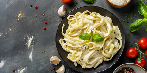 Delicious food featuring al dente pasta and fresh vegetables on a black plate. Generative AI