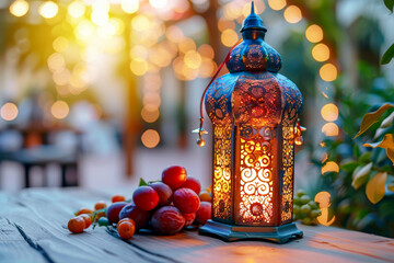 Ramadan background, with ample copy space for text and graphics, cozy lantern and dates on the table, warm colors, professional color grading - obrazy, fototapety, plakaty