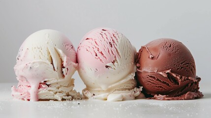 Chocolate, vanilla, berries ice cream balls with chocolate sprinkles isolated on white background