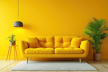 Modern living room with yellow sofa