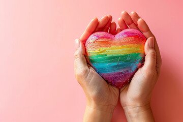 LGBT concept, hands holding rainbow heart on pink background with copy space for text.