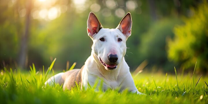 Bull terrier dog on a green lawn. minimalism AI generated - Powered by Adobe