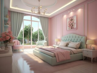 Charming bedroom interior featuring pastel walls, tufted headboard, chic furniture, and lush floral arrangements with ample natural light..