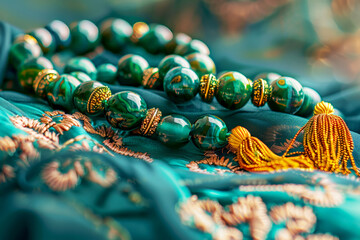 Photo of a green rosary with golden tassels on an embroidered cloth, representing the islamic prayer pattern "Adhan"