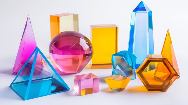 Various three-dimensional acrylic glass volumes in geometric shapes, isolated on white for educational purposes in physics and mathematics