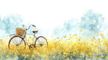 World bicycle day concept International holiday june 3, bicycle with basket in yellow mustard flowers Environment preserve. blur nature background, banner, card, poster with text space - obrazy, fototapety, plakaty