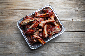 Basket of delicious baby back pork ribs fresh of the pellet grill smoker