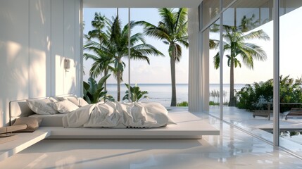 Bright and airy luxury bedroom with seamless transition to a private pool and verdant tropical...