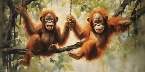 Two orangutans swinging together through the treetops, their playful antics and affectionate gestures mirroring a human-like bond.  - obrazy, fototapety, plakaty