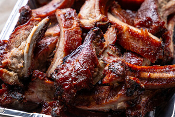 Basket of delicious baby back pork ribs fresh of the pellet grill smoker
