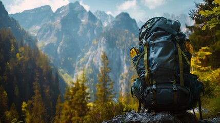 Close-up of a hiking backpack and gear equipment arranged on a rocky outcrop overlooking the forest below - obrazy, fototapety, plakaty
