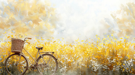 World bicycle day concept International holiday june 3, bicycle with basket in yellow mustard flowers Environment preserve. blur nature background, banner, card, poster with text space