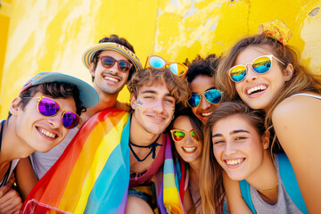 Fototapeta premium Happy group of friends posing with an LGBT flag in front of a yellow wall.