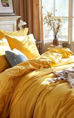Elegant silk yellow bedding set with floral embroidery