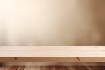 Beige background with a wooden table, product display template. beige background with a wood floor. Beige and white photo of an empty room for presentation or packaging design in the style of an empty