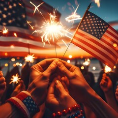 USA independence day 2024 Celebration With Hands Holding Sparklers And American Flag At Sunset With Fireworks ai generated image, marketing, desiging ads
