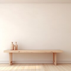 Fototapeta na wymiar Beige background with a wooden table, product display template. beige background with a wood floor. Beige and white photo of an empty room for presentation or packaging design in the style of an empty