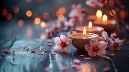 Tranquil spa background with lit candles and sakura cherry flowers. Luxury beauty spa salon...