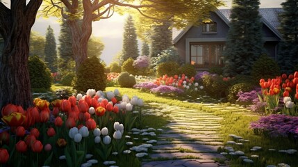 Beautiful spring garden with flowers and lawn grass
