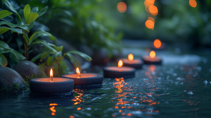 Spa setting background with lit candles and vibrant plumeria flowers. Relaxing atmosphere for a spa...